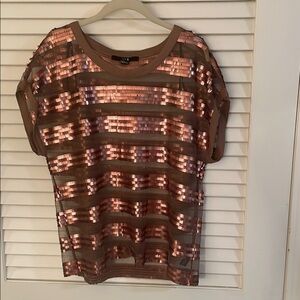 Forever 21 Copper Boxy Mesh Netted Jersey Top with Sequin Mocha Round Neckline